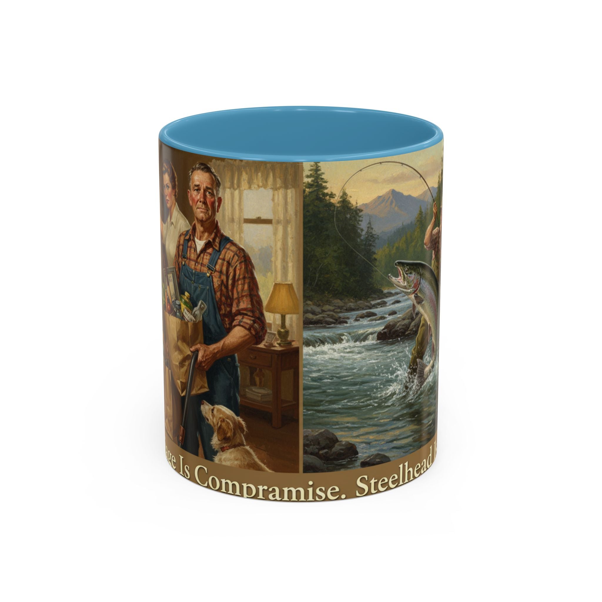 Steelhead Fishing Coffee Mug — Vintage Angler River Scene Accent Mug (11/15oz)