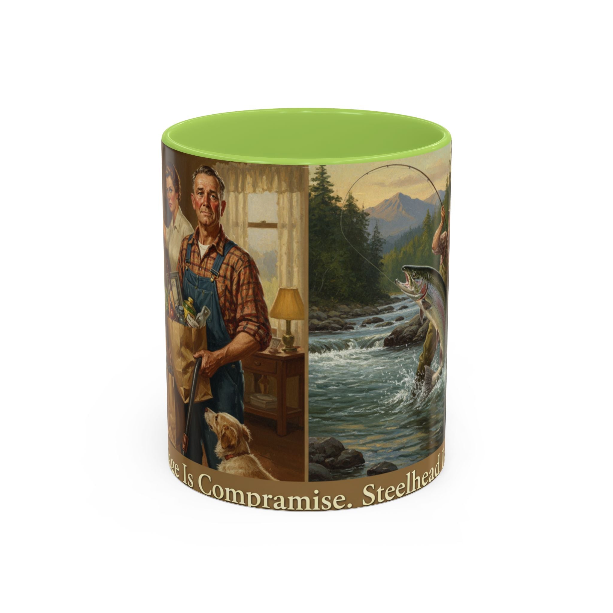 Steelhead Fishing Coffee Mug — Vintage Angler River Scene Accent Mug (11/15oz)