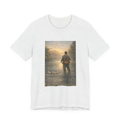 Fishing T‑Shirt — "The Hatch Waits for No Man" Vintage Fly-Fishing Tee