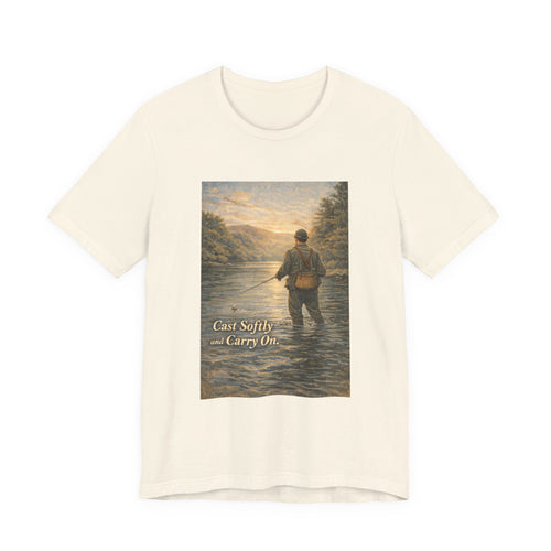 Fishing Tee — "Cast Softly and Carry On" Vintage River Scene T-Shirt